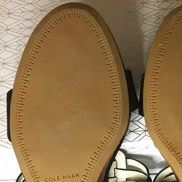 COLE HAAN "Findra" Black Leather Woven Slide Wedge Sandal | Size 9B - Picture 11 of 15